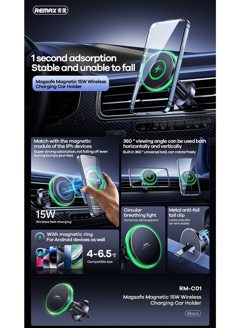 REMAX MagSafe Car Mount Wireless Charger 15W, 1-Second Magnetic Phone Holder, 360° Rotating Air Vent Car Mount for iPhone and Android - Image 2